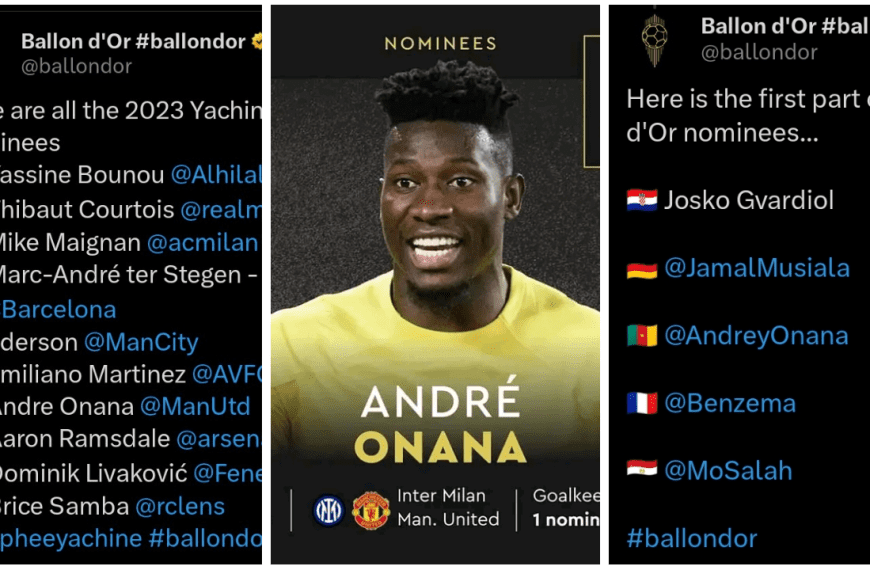 Andre Onana has been nominated for the 2023 Ballon d'or and 2023 Yachine Trophy which recognizes the best goalkeeper of the year.